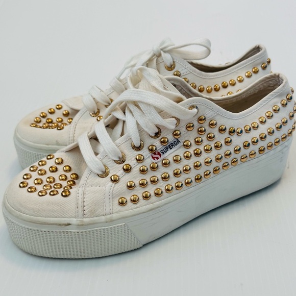 Superga Women's White and Gold Studded Sneakers platform - Picture 1 of 7